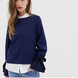 J Crew navy tie bell sleeve sweatshirt